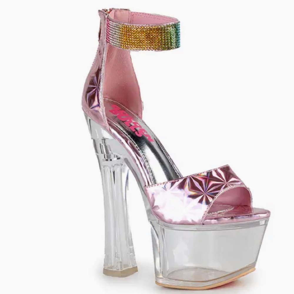 Offer! Golden Bulls Colima Holographic Metallic Pink Platform Clear Lucite Heels